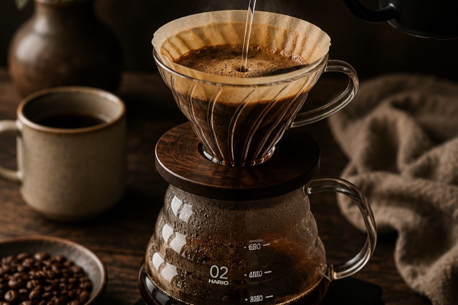 Kaffeebohnen und gemahlener Kaffee auf dem Holztisch verstreut