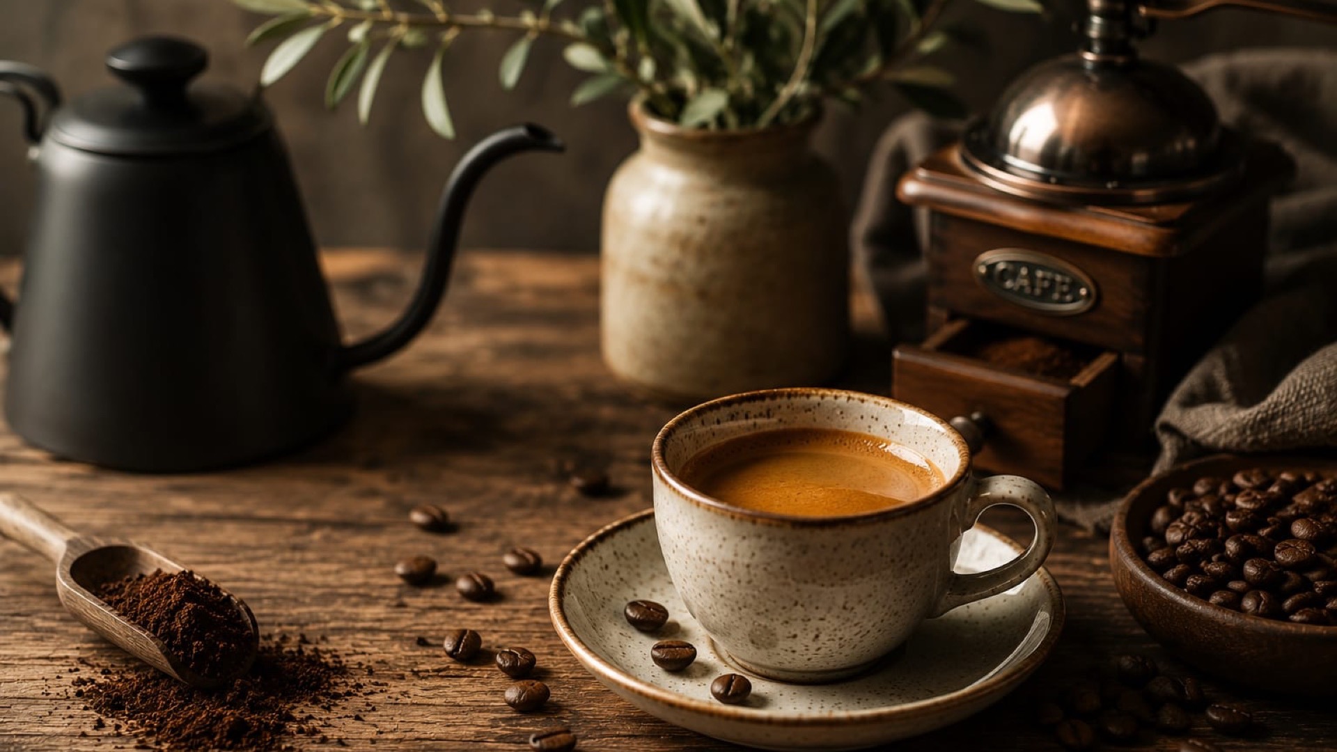 Frisch aufgebrühter, dampfender Kaffee zwischen Schwanenhalskanne, antiker Mühle und Bohnen