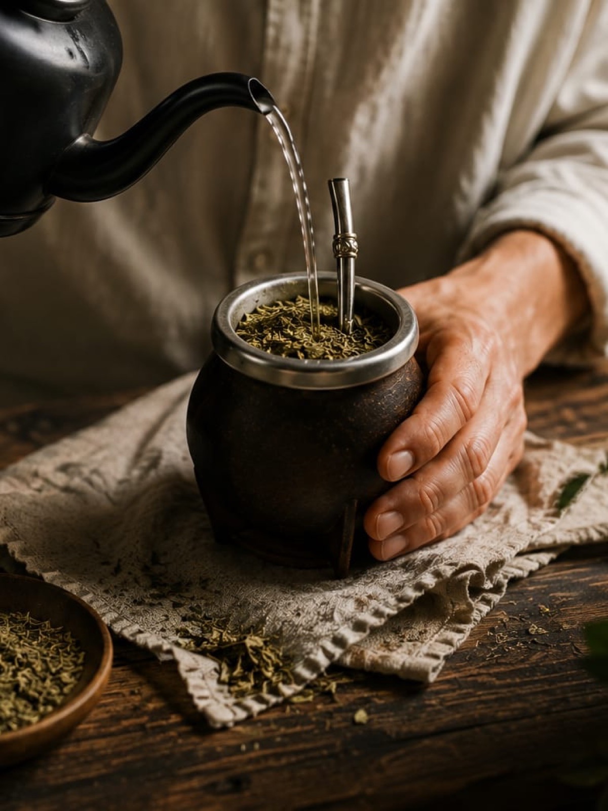 Heißes Wasser wird in den Mate gegossen, im Hintergrund ein Glas Yerba Mate und eine Thermoskanne