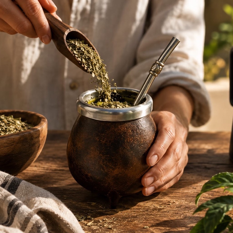 Yerba wird mit einem Holzschöpfer in den Mate gefüllt, daneben eine Schale mit Yerba