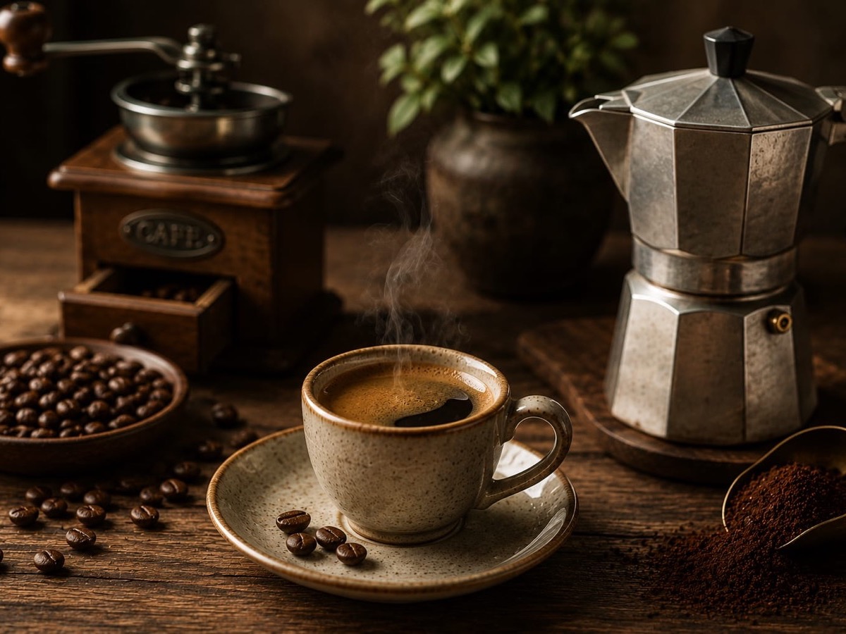 Eine dampfende Tasse Kaffee neben der Mokkakanne und einer antiken Kaffeemühle