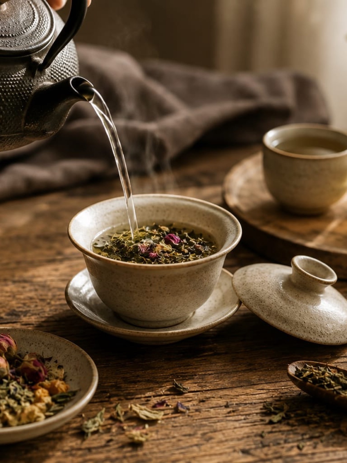Heißes Wasser wird aus einer gusseisernen Teekanne über eine Tasse losen Tee gegossen