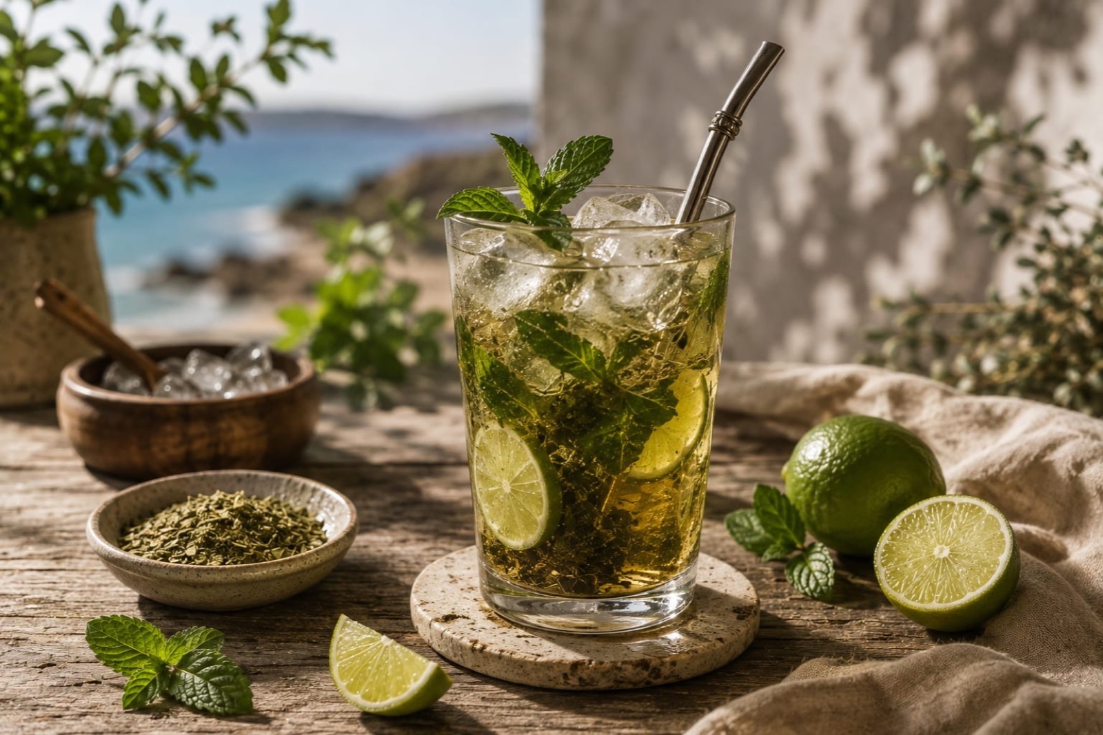 Eisgekühlter Tereré im Glas mit Minze und Limette, im Hintergrund das Meer
